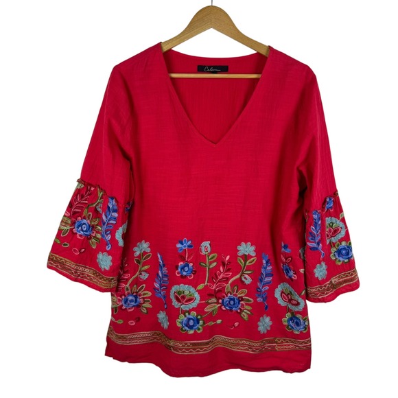 Calessa Red Floral Embroidered Tunic Top Size 1X Cotton Boho Festival Peasant - Picture 1 of 9
